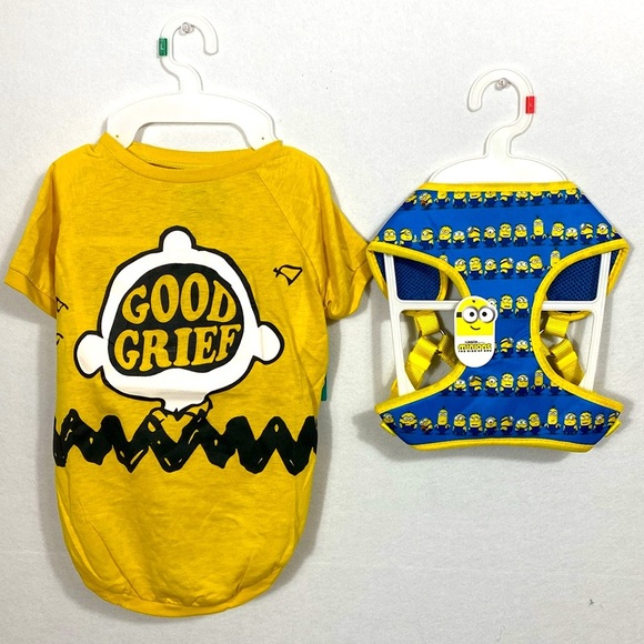 Yellow 'Good Grief' Dog Shirt and Harness Set Peanuts & Minions size Large - Picture 1 of 9